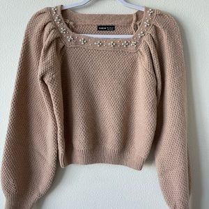 TAN SWEATER WITH BEADED NECKLINE